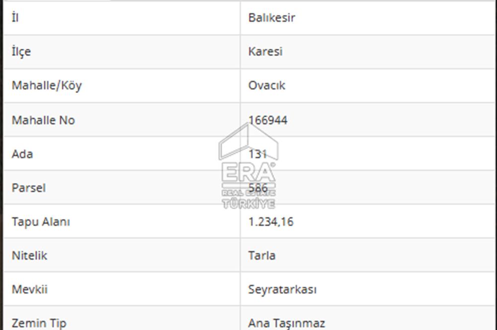 ERA PORT GÜVENCESİYLE BALIKESİR KARESİ OVACIK 1831m² TARLA