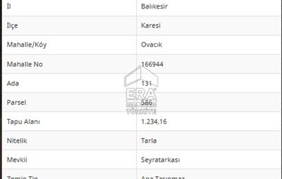 ERA PORT GÜVENCESİYLE BALIKESİR KARESİ OVACIK 1831m² TARLA