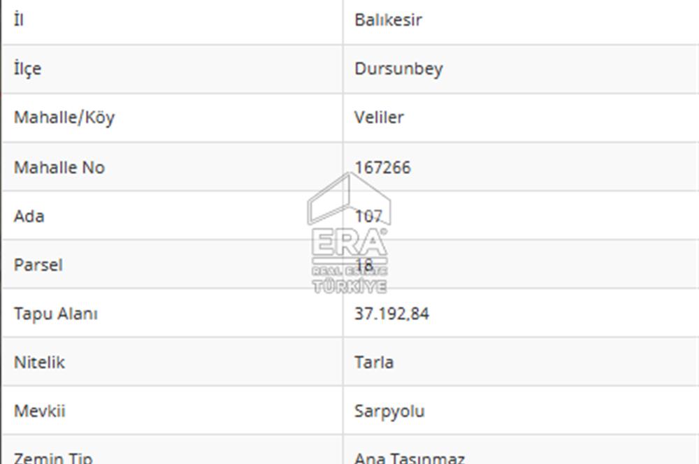 ERA PORT GÜVENCESİYLE DURSUNBEY VELİLER'DE SATILIK TARLA