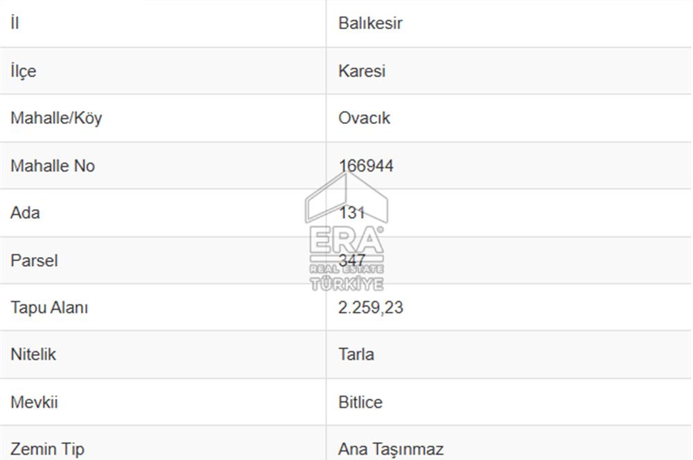 ERA PORT GÜVENCESİYLE BALIKESİR KARESİ OVACIK 2475m² TARLA