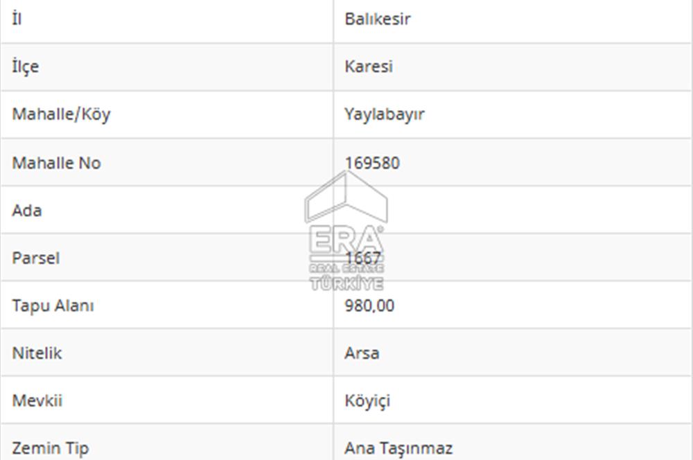 ERA PORT GÜVENCESİYLE BALIKESİR YAYLABAYIR'DA 980m² ARSA