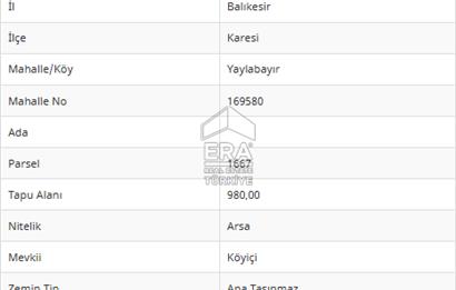 ERA PORT GÜVENCESİYLE BALIKESİR YAYLABAYIR'DA 980m² ARSA