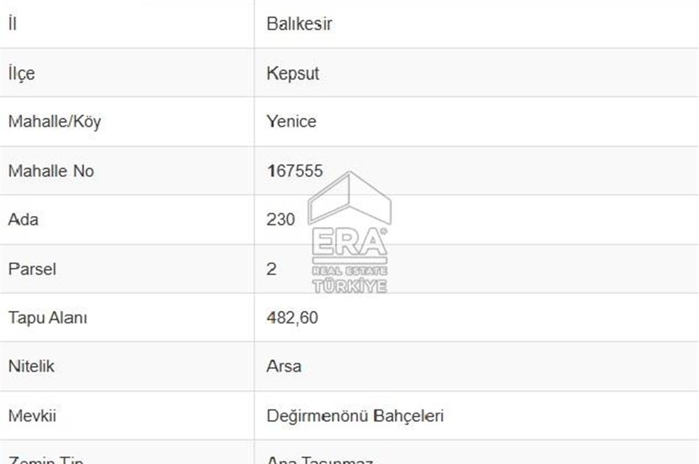 ERA PORT GÜVENCESİYLE BALIKESİR KEPSUT MERKEZDE 482 m² ARSA