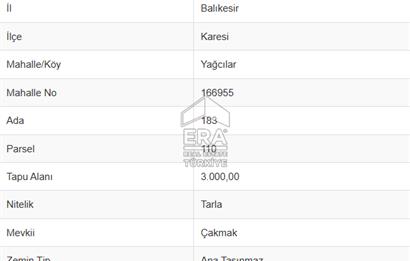 ERA PORT GÜVENCESİYLE BALIKESİR YAĞCILAR KÖYÜ 3000M2 TARLA