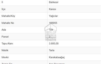 ERA PORT GÜVENCESİYLE BALIKESİR YAĞCILAR KÖYÜ3800m²SATILIK TARLA