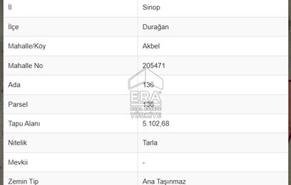 SİNOP DURAĞAN AKBEL'DE 5.102,68 M ² TEK TAPU SATILIK TARLA