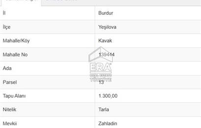 BURDUR YEŞİLOVA KAVAK KÖYÜNDE SATILIK TEK TAPU 1300 m2 TARLA