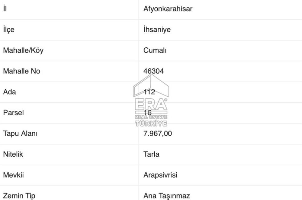 AFYONKARAHİSAR İHSANİYE CUMALI'DA YATIRIMLIK SATILIK TARLA