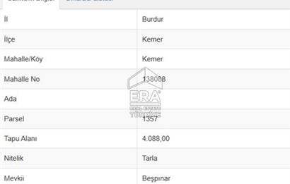 BURDUR KEMER KEMER KÖYÜNDE SATILIK TEK TAPU 4088 m2 TARLA