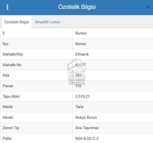 BURDUR KEMER ELMACIK KÖYÜNDE SATILIK TEK TAPU 3519 m2 TARLA