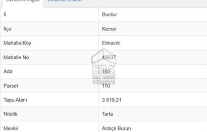 BURDUR KEMER ELMACIK KÖYÜNDE SATILIK TEK TAPU 3519 m2 TARLA