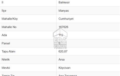 Era Söz'den Manyas Cumhuriyet Mah. Satılık 620 m² İmarlı Arsa