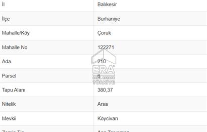 ERA PORT GÜVENCESİYLE BURHANİYE ÇORUK'TA 380m² SATILIK ARSA