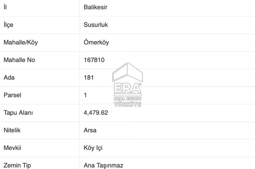BALIKESİR SUSURLUK ÖMERKÖY MH SATILIK 4479 m² İMARLI ARSA