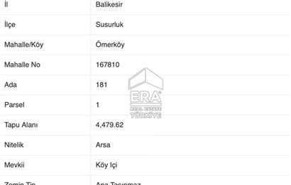 BALIKESİR SUSURLUK ÖMERKÖY MH SATILIK 4479 m² İMARLI ARSA