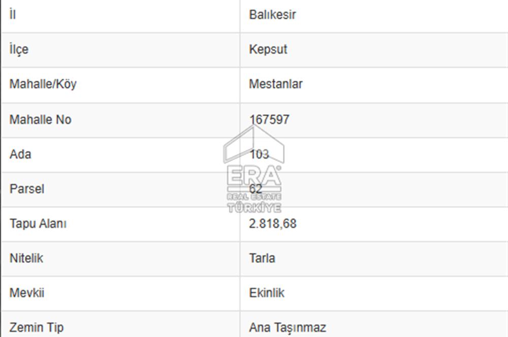 ERA PORT GÜVENCESİYLE KEPSUT MESTANLAR 2818m² SATILIK TARLA