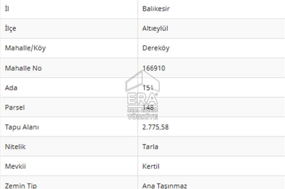 ERA PORT'TAN BALIKESİR DEREKÖY KÖYÜ'NDE 6.944,78m² TARLA