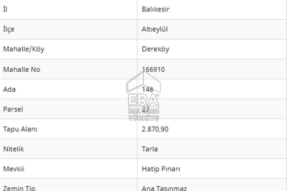 ERA PORT'TAN BALIKESİR DEREKÖY KÖYÜ'NDE 2.870,90m² TARLA