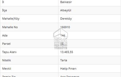 ERA PORT'TAN BALIKESİR DEREKÖY KÖYÜ'NDE 13.465,55m² TARLA