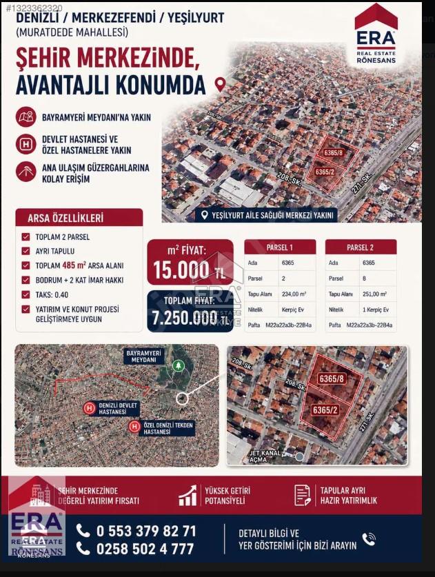 MERKEZEFENDİ BÖLGESİNDE HARİKA LOKASYON YATIRIMLIK ARSA 485 m²