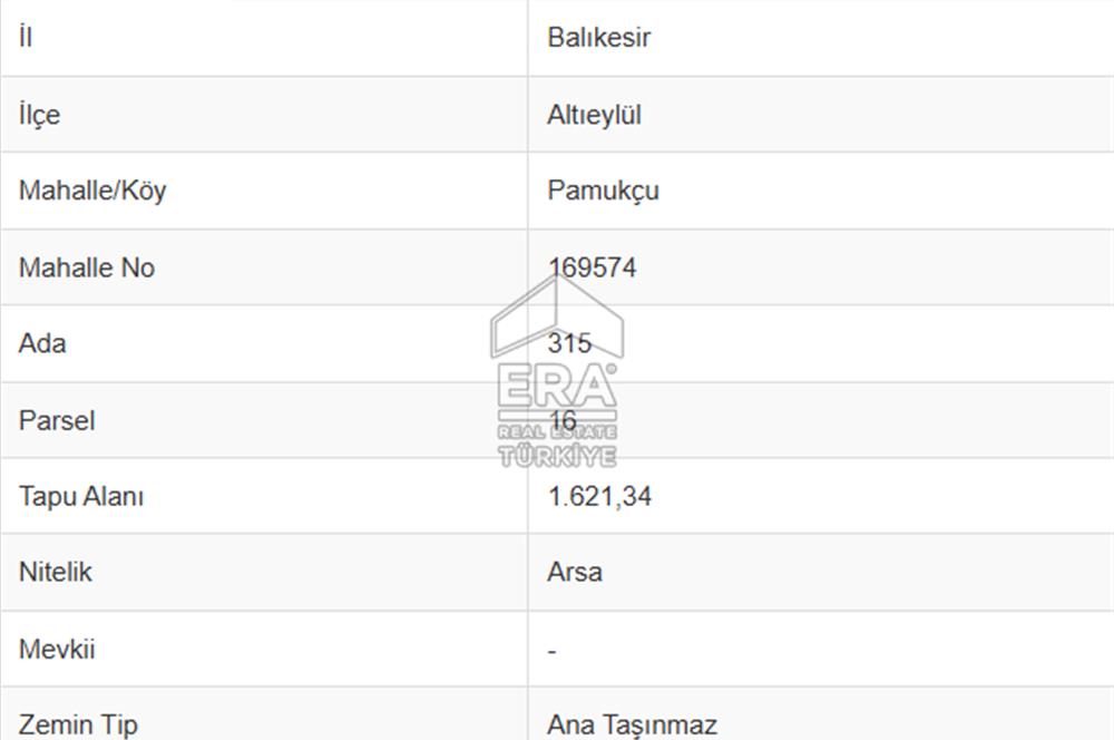 ERA PORT GÜVENCESİYLE BALIKESİR PAMUKÇU'DA 1621m² ARSA